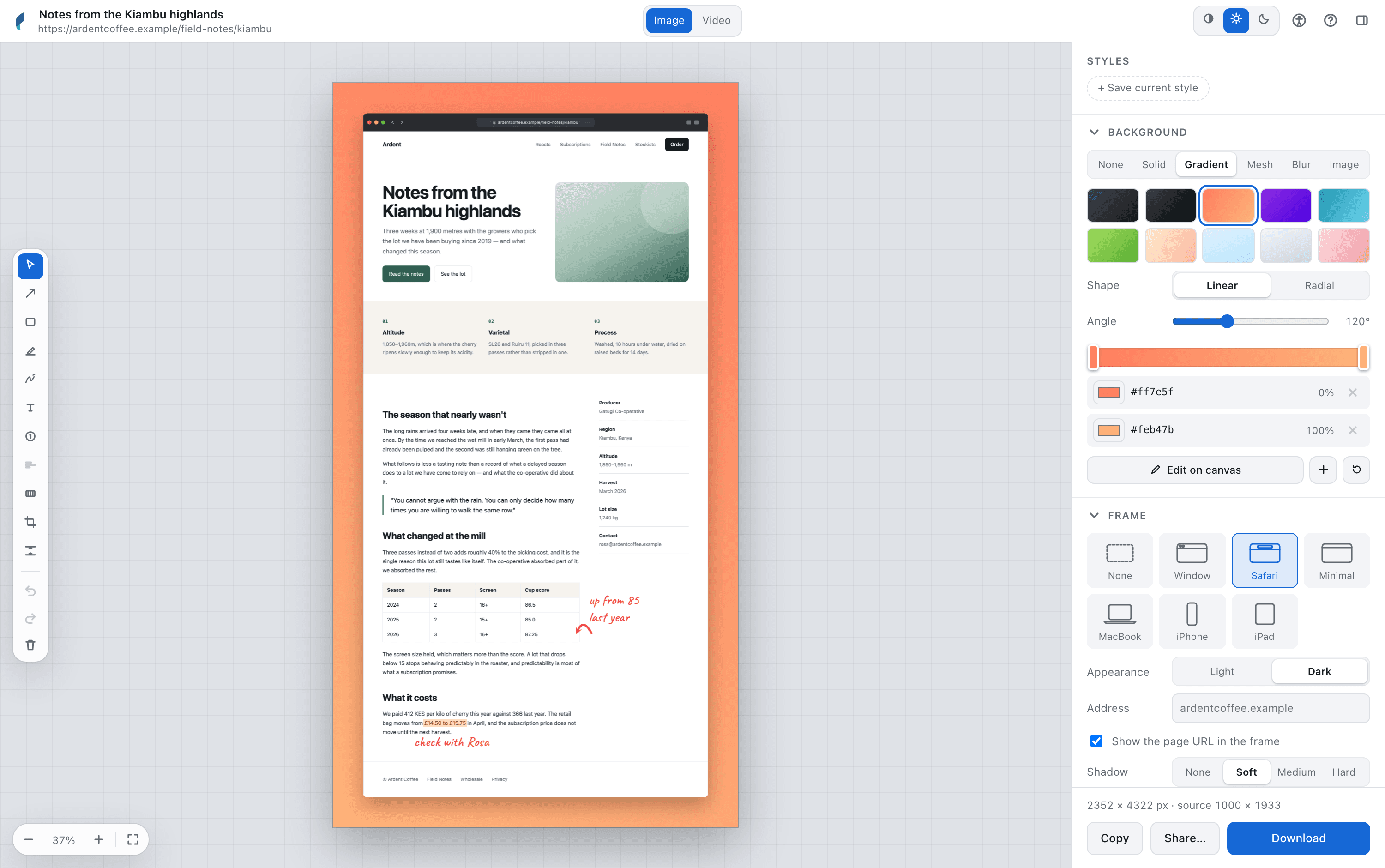The Pleno editor: a captured article inside a Safari window frame on a warm gradient, marked up with a handwritten note, a curved arrow onto a figure in the table and a highlight over a price, with the tool rail on the left and the format, background and frame controls on the right.